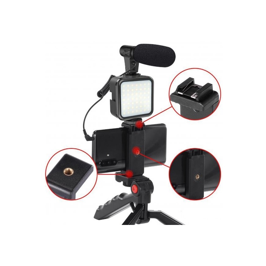 Vlogging-Set 4in1 – Mikrofon, LED-Lampe, Stativ, Telefonhalterung