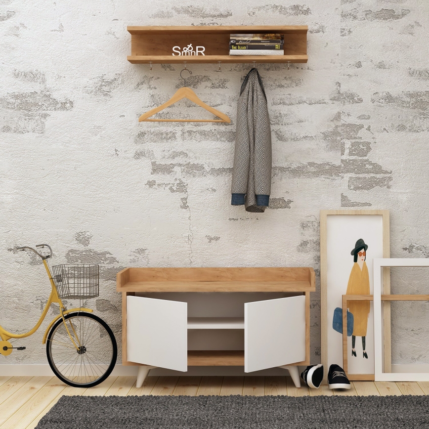 Wandhaken ARASSO 18,8x80 cm + Schuhschrank 60x90 weiß/braun