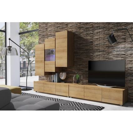 Wandhängeschrank mit LED-Beleuchtung PAVO 117x45 cm in Gold-Eiche
