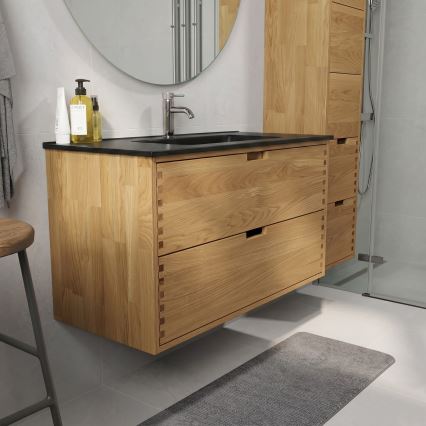 Waschtischunterschrank GRIBSKOV 100 cm mit Waschbecken – Beige/Eiche/Schwarz