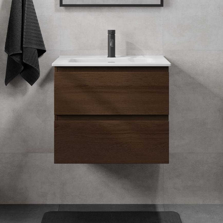 Waschtischunterschrank mit Waschbecken CONOR 61 cm Nussbaum/Weiß