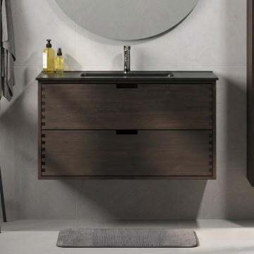 Waschtischunterschrank mit Waschbecken GRIBSKOV 100 cm, Braun/Eiche/Schwarz