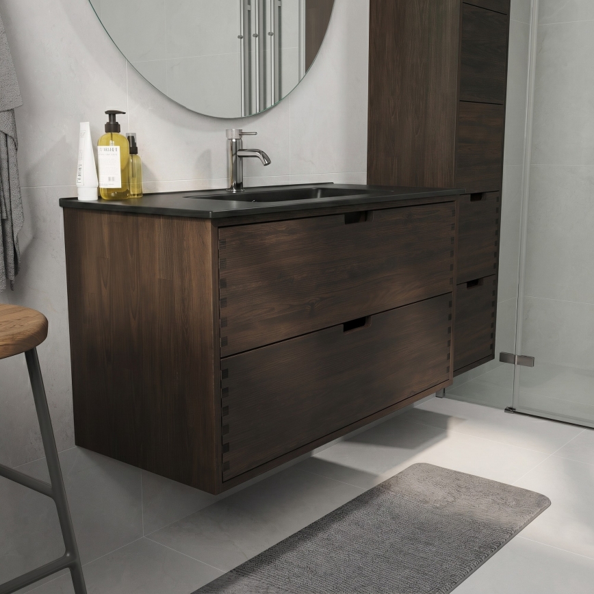 Waschtischunterschrank mit Waschbecken GRIBSKOV 100 cm, Braun/Eiche/Schwarz