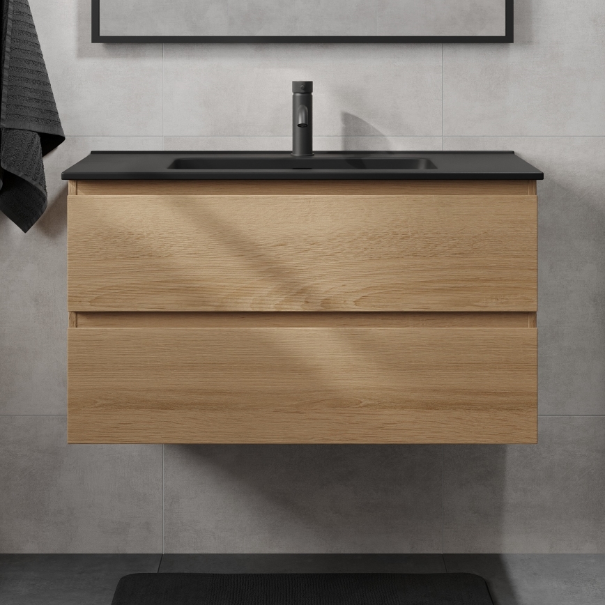 Waschtischunterschrank mit Waschbecken KENWOOD 91 cm Eiche/Schwarz
