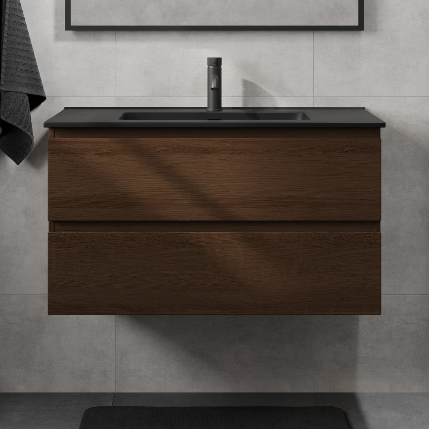 Waschtischunterschrank mit Waschbecken KENWOOD, 91 cm, Nussbaum/Schwarz