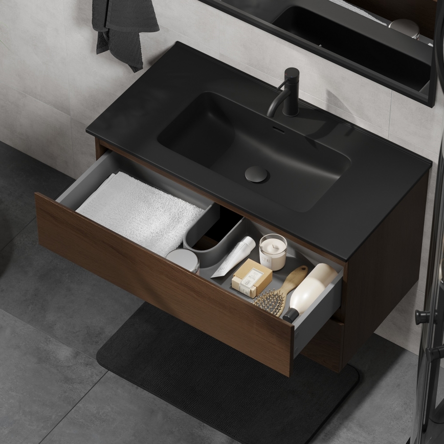 Waschtischunterschrank mit Waschbecken KENWOOD, 91 cm, Nussbaum/Schwarz