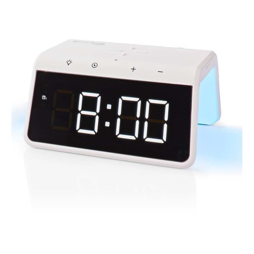 Wecker mit LCD-Anzeige und kabelloser Ladevorrichtung 15W/5V 1xCR2032 weiß