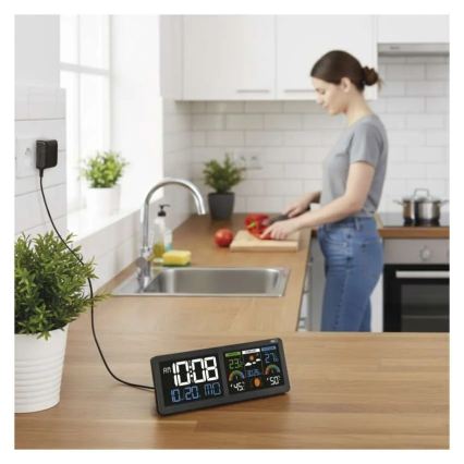 Wetterstation mit farbigem LCD-Display und Wecker 5V 3xAAA + 2xAA schwarz