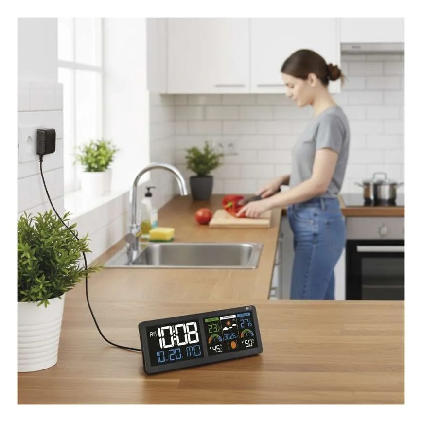 Wetterstation mit farbigem LCD-Display und Wecker 5V 3xAAA + 2xAA schwarz