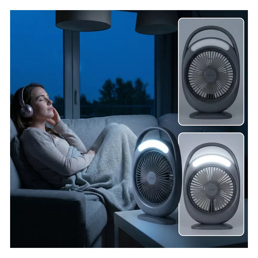 Wiederaufladbarer Tischventilator mit LED-Beleuchtung LED/2,8W/5V USB 2400 mAh grau