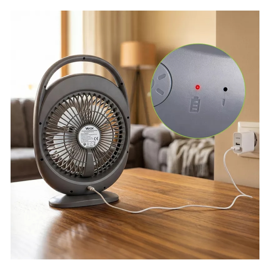Wiederaufladbarer Tischventilator mit LED-Beleuchtung LED/2,8W/5V USB 2400 mAh grau