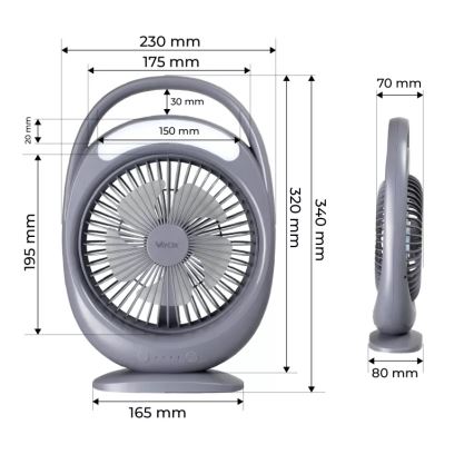 Wiederaufladbarer Tischventilator mit LED-Beleuchtung LED/2,8W/5V USB 2400 mAh grau