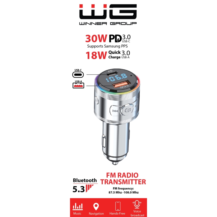 Winner Group - Autoladegerät mit FM-Transmitter und Freisprechfunktion 20W silbern