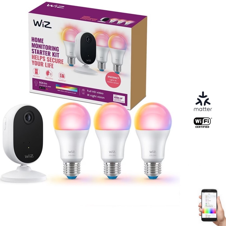 WiZ - Set für Haushaltsüberwachung: 1x Kamera + 3x LED-RGB-Glühbirne A60 E27/8,5W/230V Wi-Fi