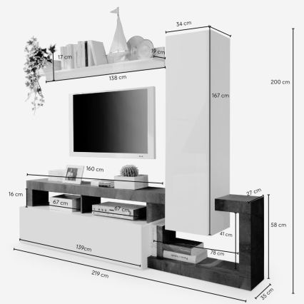 Wohnwand LENOR Weiß/Beton-Grau