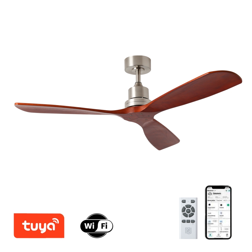 ZEVENTI - Deckenventilator LIONI Wi-Fi Tuya mattchrom/Eiche + Fernbedienung