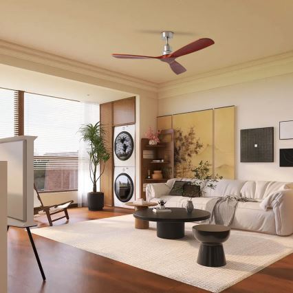 ZEVENTI - Deckenventilator LIONI Wi-Fi Tuya mattchrom/Eiche + Fernbedienung