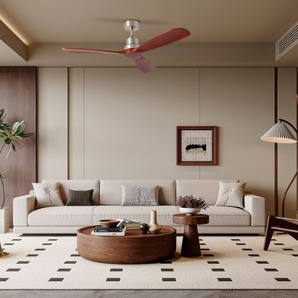 ZEVENTI - Deckenventilator LIONI Wi-Fi Tuya mattchrom/Eiche + Fernbedienung