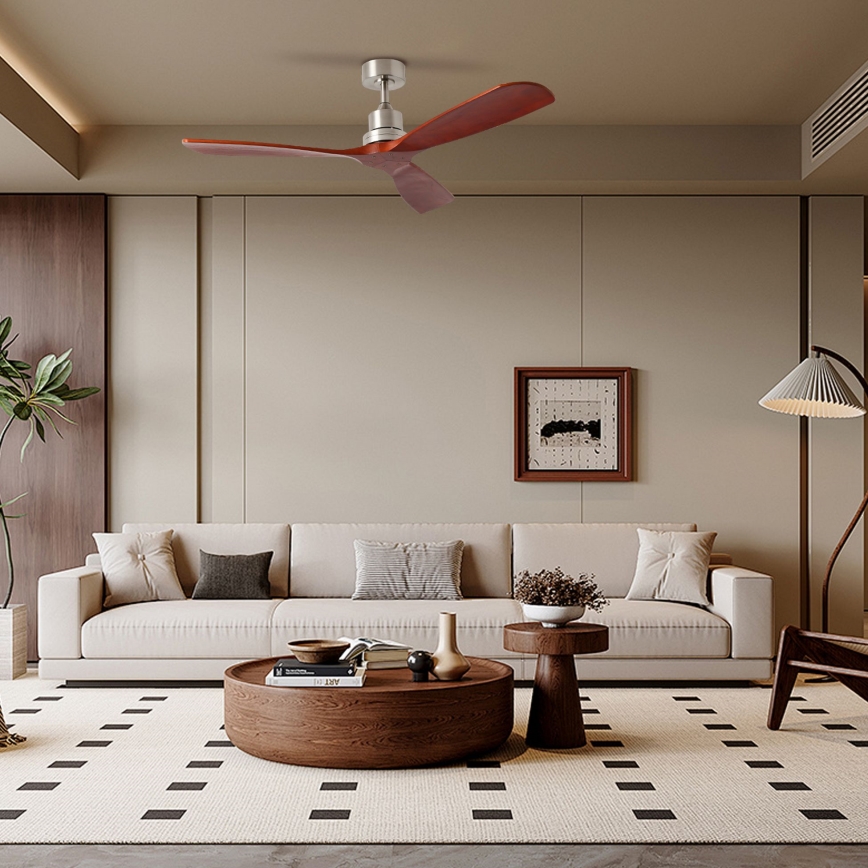ZEVENTI - Deckenventilator LIONI Wi-Fi Tuya mattchrom/Eiche + Fernbedienung