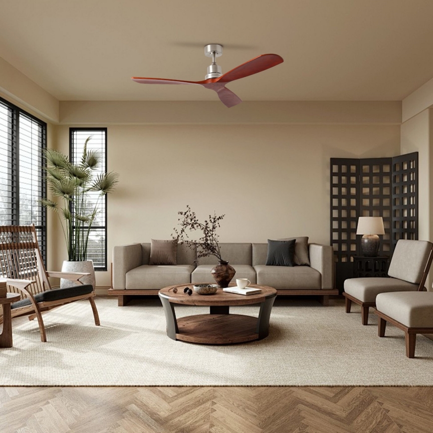 ZEVENTI - Deckenventilator LIONI Wi-Fi Tuya mattchrom/Eiche + Fernbedienung