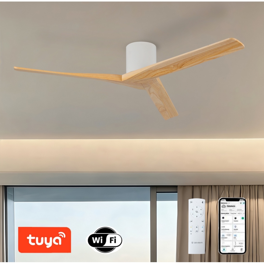 ZEVENTI - Deckenventilator VELLON Wi-Fi Tuya weiß/Paulownienholz + Fernbedienung