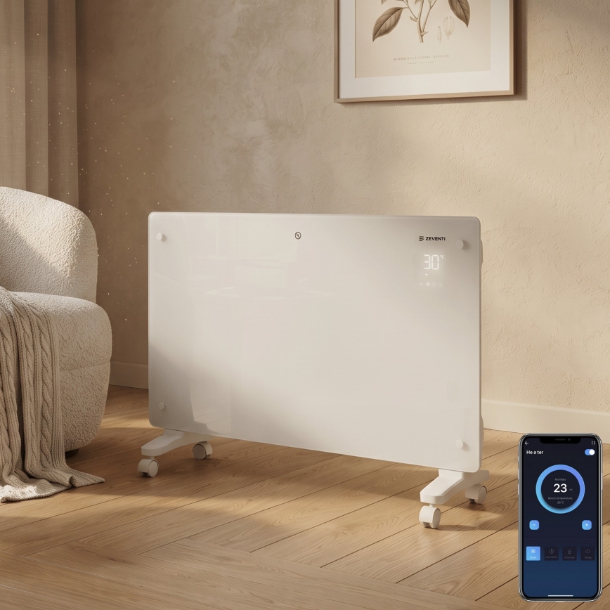 ZEVENTI - Smarter wandhängender elektrischer Direktheizer/Konvektor mit LCD-Display 1000/2000W/230V Wi-Fi weiß