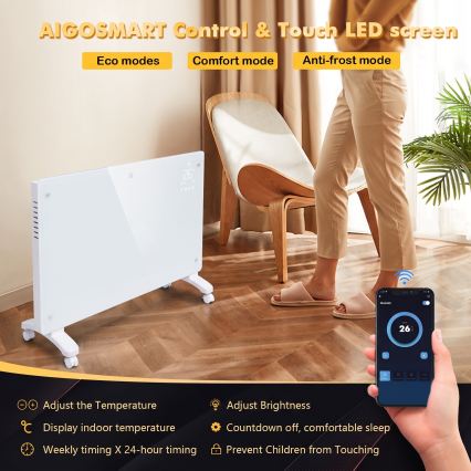 ZEVENTI - Smarter wandhängender elektrischer Direktheizer/Konvektor mit LCD-Display 1000/2000W/230V Wi-Fi weiß