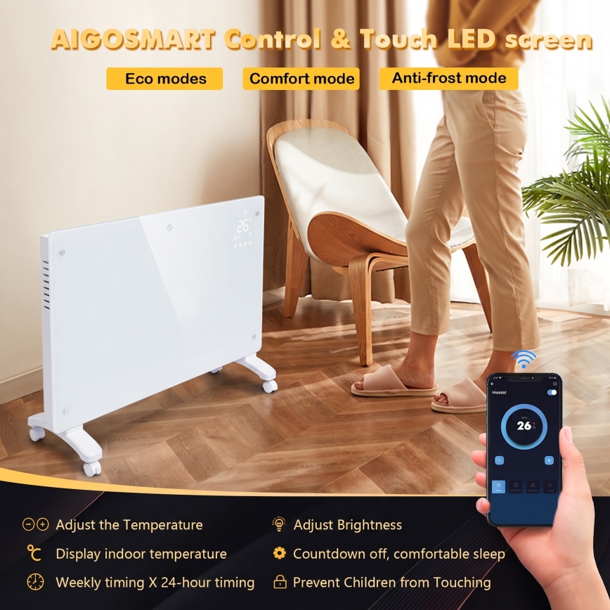 ZEVENTI - Smarter wandhängender elektrischer Direktheizer/Konvektor mit LCD-Display 1000/2000W/230V Wi-Fi weiß