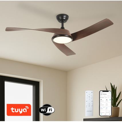ZEVENTI - dimmbarer LED-Deckenventilator AERYS LED/24W/230V 3000/4000/6000K Wi‑Fi Tuya schwarz/nussbaum + Fernbedienung