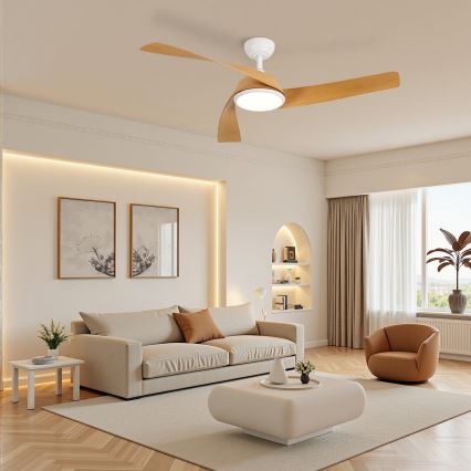 ZEVENTI - LED dimmbarer Deckenventilator AERYS LED/24W/230V 3000/4000/6000K Wi-Fi Tuya weiß/Eiche + Fernbedienung