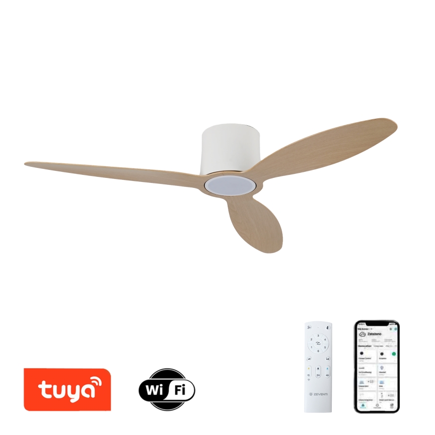 ZEVENTI - LED dimmbarer Deckenventilator VENTORA LED/24W/230V 3000/4000/6000K Wi-Fi Tuya weiß/Eiche + Fernbedienung