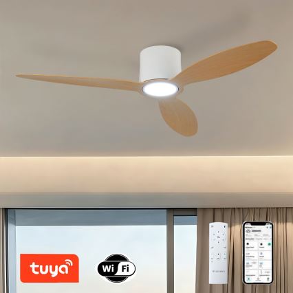 ZEVENTI - LED dimmbarer Deckenventilator VENTORA LED/24W/230V 3000/4000/6000K Wi-Fi Tuya weiß/Eiche + Fernbedienung