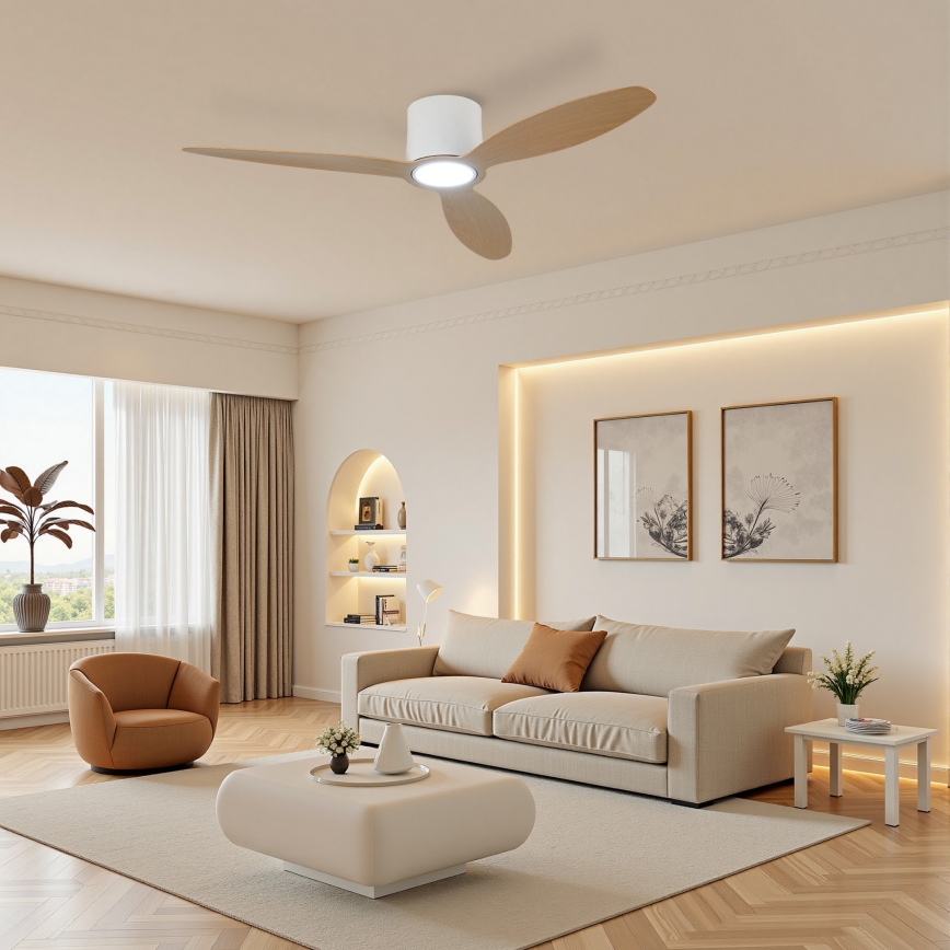 ZEVENTI - LED dimmbarer Deckenventilator VENTORA LED/24W/230V 3000/4000/6000K Wi-Fi Tuya weiß/Eiche + Fernbedienung