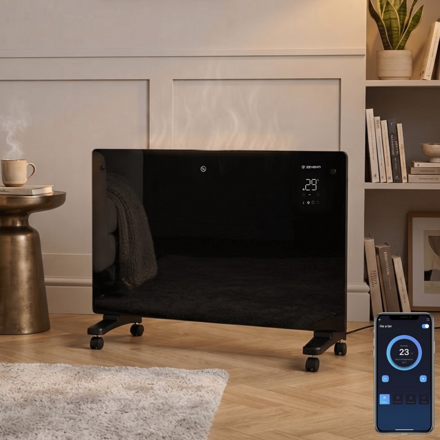 ZEVENTI - Smart wandmontierter elektrischer Direktheizer/Konvektor mit LCD-Display 1000/2000W/230V Wi-Fi schwarz