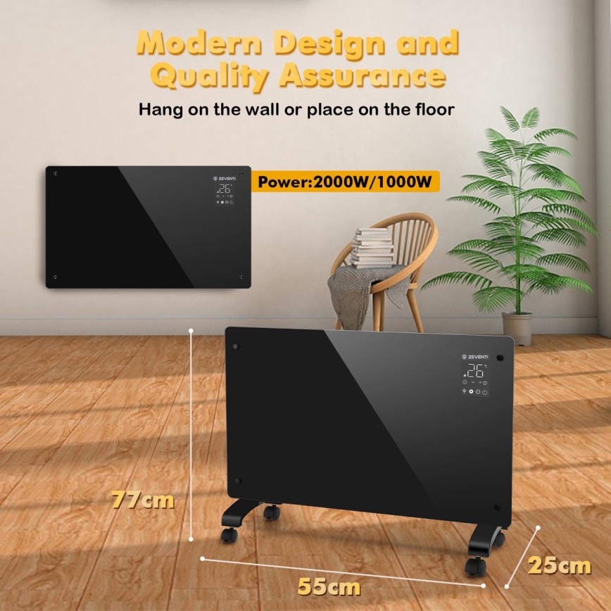 ZEVENTI - Smart wandmontierter elektrischer Direktheizer/Konvektor mit LCD-Display 1000/2000W/230V Wi-Fi schwarz