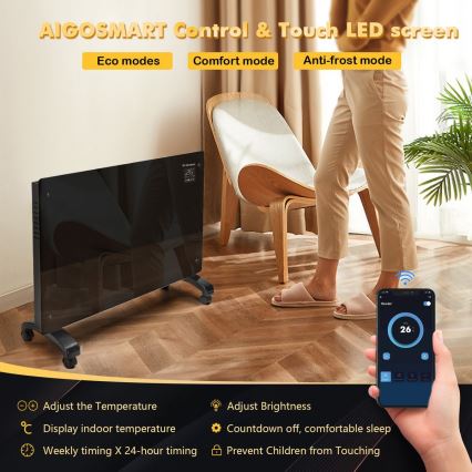 ZEVENTI - Smart wandmontierter elektrischer Direktheizer/Konvektor mit LCD-Display 1000/2000W/230V Wi-Fi schwarz