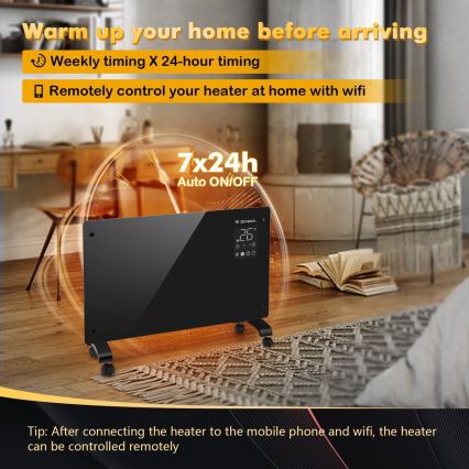 ZEVENTI - Smart wandmontierter elektrischer Direktheizer/Konvektor mit LCD-Display 1000/2000W/230V Wi-Fi schwarz