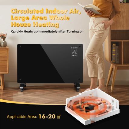 ZEVENTI - Smart wandmontierter elektrischer Direktheizer/Konvektor mit LCD-Display 1000/2000W/230V Wi-Fi schwarz