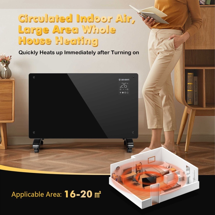 ZEVENTI - Smart wandmontierter elektrischer Direktheizer/Konvektor mit LCD-Display 1000/2000W/230V Wi-Fi schwarz
