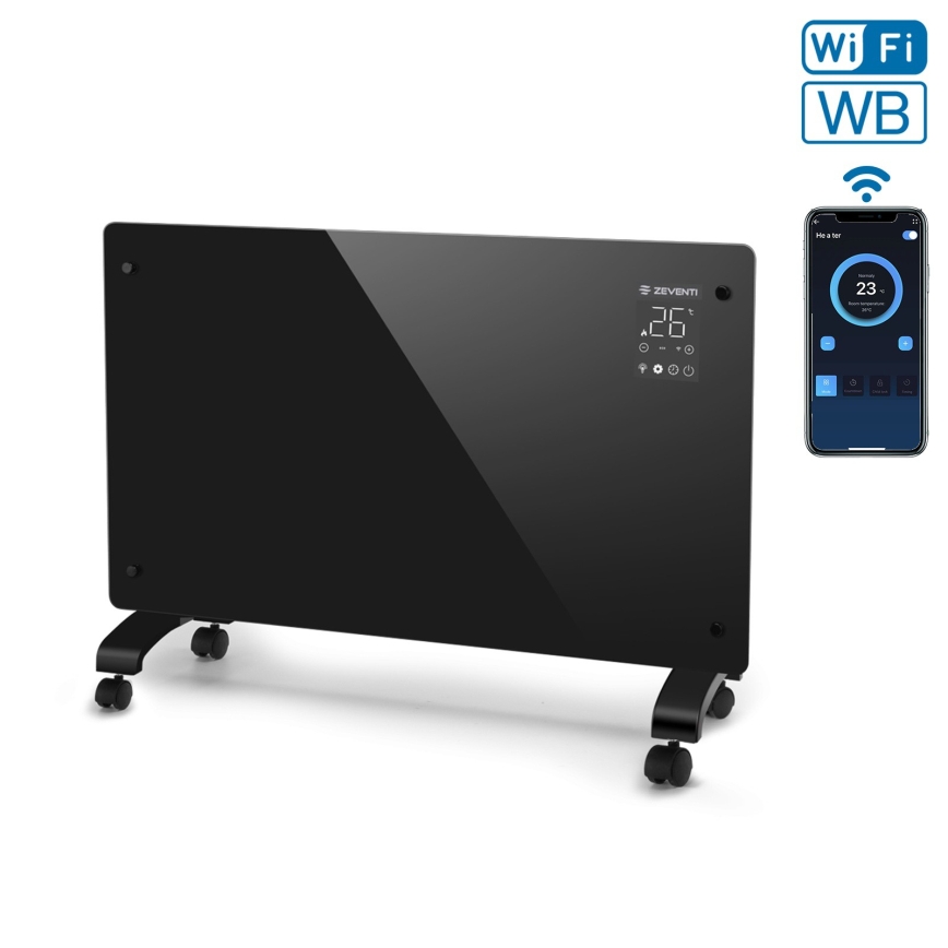 ZEVENTI - Smart wandmontierter elektrischer Direktheizer/Konvektor mit LCD-Display 1000/2000W/230V Wi-Fi schwarz